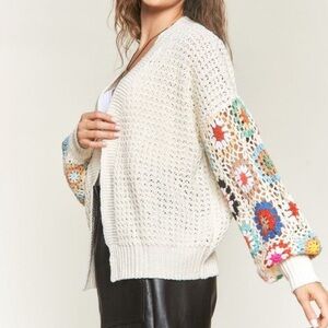 ADORA Women's Cream Cardigan with Colorful Crochet Sleeves